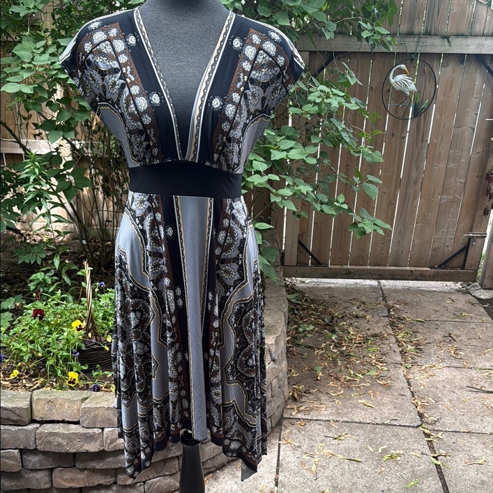 Vintage Linda Dress Slinky Black White Grey and Brown